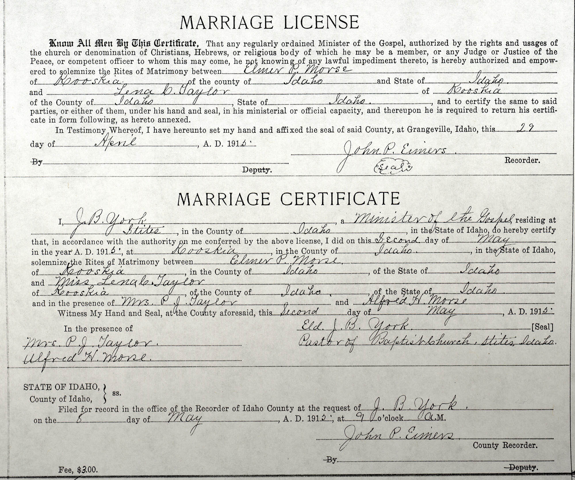 Lee Morse Research Library, marriage certificate (Elmer)